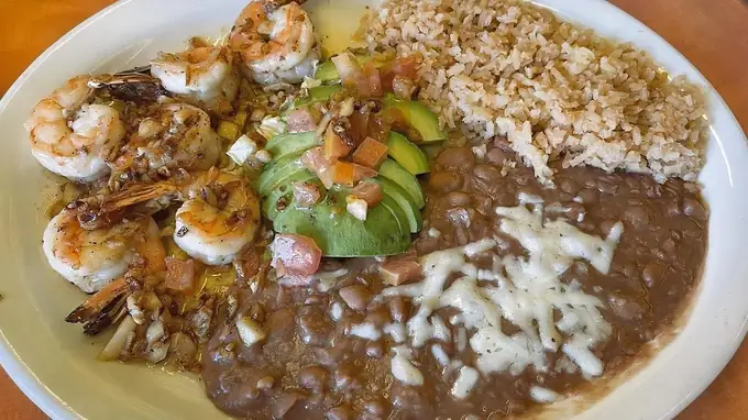 Camarones a la diabla with avocado, pico de gallo, rice and beans